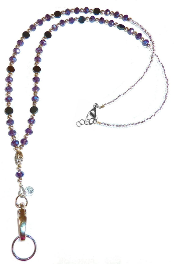 Artistic Multicolored Women's Beaded Fashion Necklace Lanyard, Slim and Beautiful, Super Durable for Badge, Keys, ID, 34 inches Long (Purple Non Breakaway (Stronger))