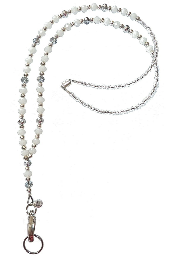 Artistic Multicolored Women's Beaded Fashion Necklace Lanyard, Slim and Beautiful, Super Durable for Badge, Keys, ID, 34 inches Long (White Magnetic Breakaway)