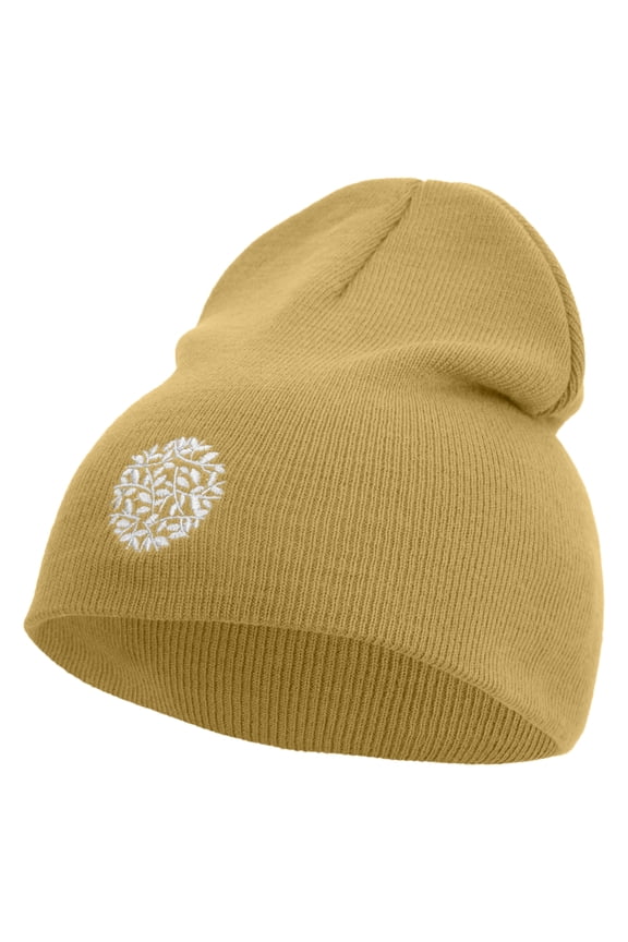 Artistic Natural Leaf Logo Embroidered 8 inch Acrylic Short beanie - Khaki OSFM