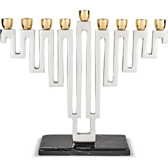 Artistic Nickel Plated Chanukah Candle Menorah Traditional Shape in a Modern Maze Hanukkiah Elegant Marble Decal Decorated Base fits Standard Hanukkah Candles By Zion Judaica