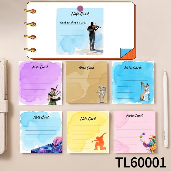 Artistic Note Cards with Musical and Dance Motifs (3.543.54 Inches),100-Pack with105 Various Emoticon Stickers,Whimsical Fry Adventures on Every Page