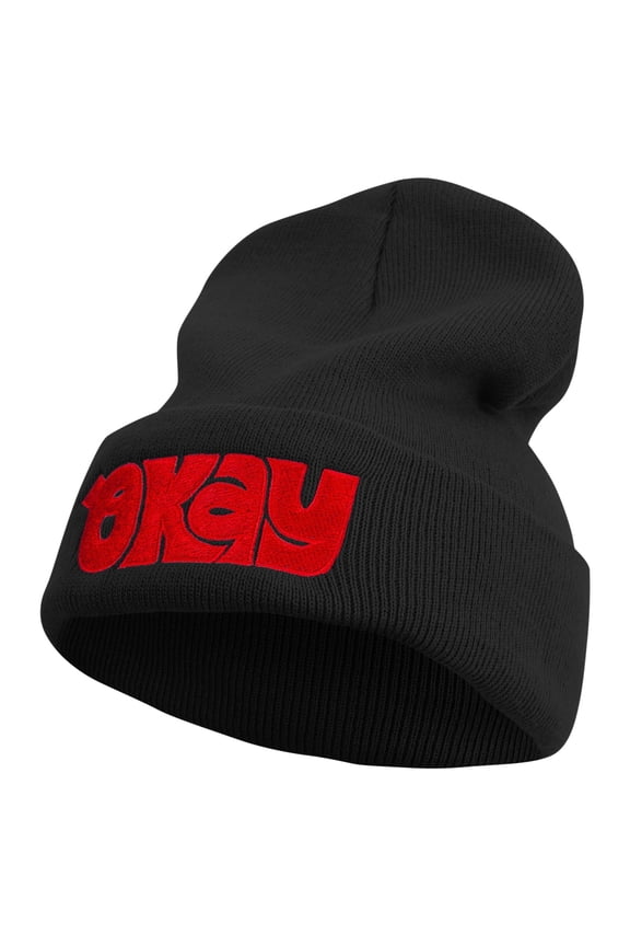 Artistic Okay Logo Embroidered 12 Inch Long Knitted Beanie - Black OSFM