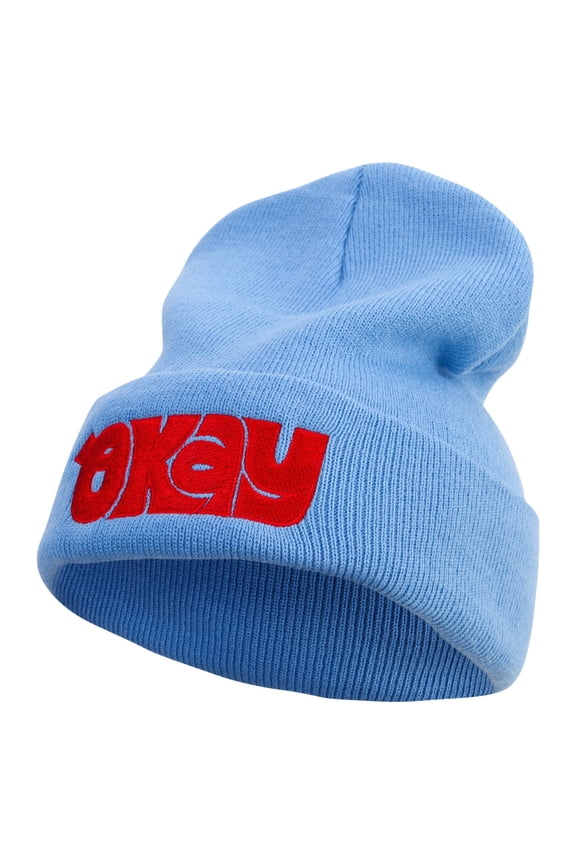 Artistic Okay Logo Embroidered 12 Inch Long Knitted Beanie - Sky Blue OSFM