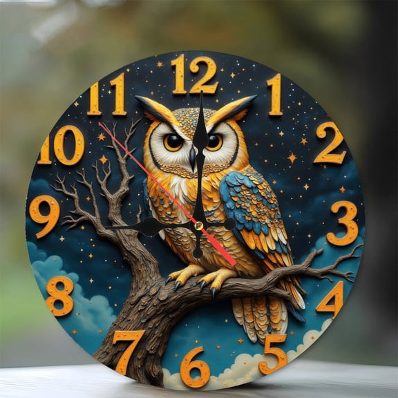 Artistic Owl Clock 10-Inch Silent Wooden Wall Clock, Battery Operated (AA Batteries Not Included), Artistic Home Decor