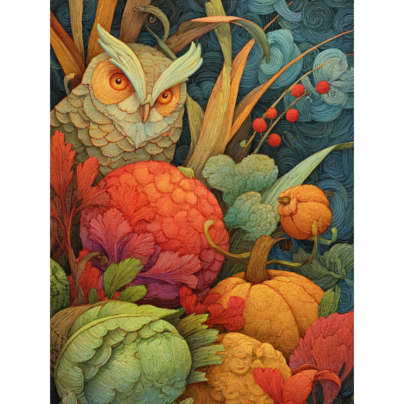 Artistic Owl with Pumpkins & Autumn Foliage Canvas Print, Suitable for Living Room, Bedroom, Office, Kitchen, Dining Room