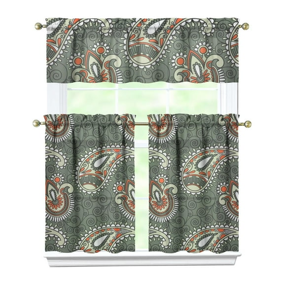 Artistic Paisley Kitchen Curtains Set 3 PCS - Elegant Vintage Ethnic Pattern Semi-Sheer Tier Curtains with Valance