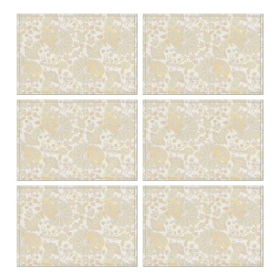 Artistic Paisley Placemats Set of 6, Flax Linen Table Mats Featuring Heat Resistant Wrinkle Free Finish with Colorful Vintage Boho Floral and Mandala Art