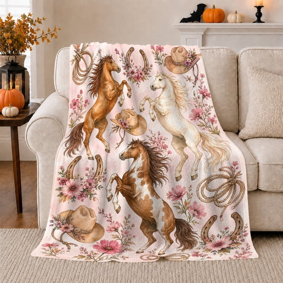 Artistic Pattern, Rustic Farmhouse Horse Scene, Warm Flannel Blanket for Ranch House and Living Room with Detailed Artwork, Horse Lovers Valentine's Day Gift, Rustic Home Decor