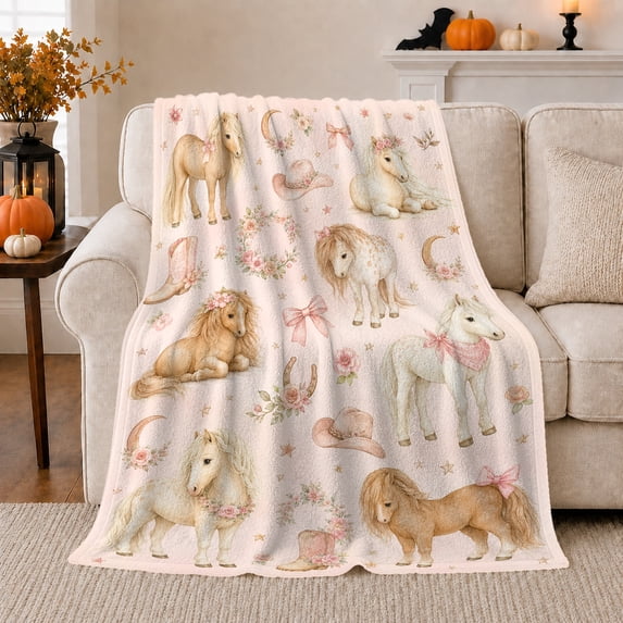 Artistic Pattern, Rustic Farmhouse Horse Scene, Warm Flannel Blanket for Sunroom and Reading Nook with Detailed Artwork, Horse Lovers Housewarming Gift, Rustic Home Decor