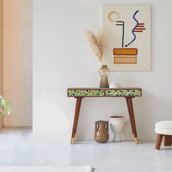 Artistic Peacock Feather Console Table, Handcrafted Wooden Entryway Table with Colorful Peacock Feather Drawer Design, Sustainable Wood