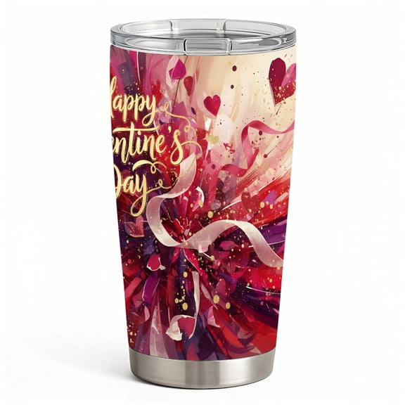 Artistic Pink Red Heart Explosion Insulated Drink Tumbler, Double-Wall Stainless Steel Cup with Lid, Holiday Gift for Women