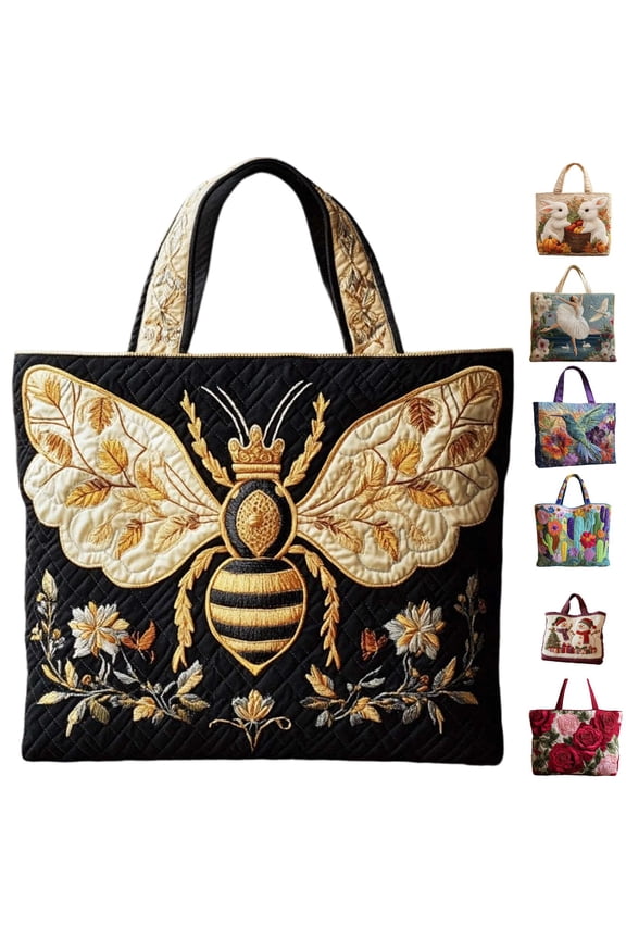 Artistic Quilted Tote Bag for Women, Cute Embroidery-Style Print Shoulder Handbag, Lightweight Cotton Blend Shopper for Work School & Gym (Bee/Rabbit/Snowman)