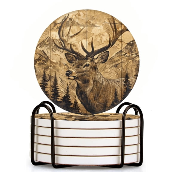 Artistic Representation Of Elk In The Wilderness Set of 6 Ceramic Coasters with Holder, Absorbent Drink Bar Coasters, Table Coasters for Living Room Decor Tabletop Protection