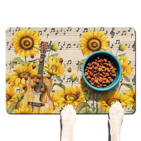 Artistic Retro Sunflower Dog Food Pad - Waterproof Non-Slip Pet Mat with Rustic Floral Design, Large Size