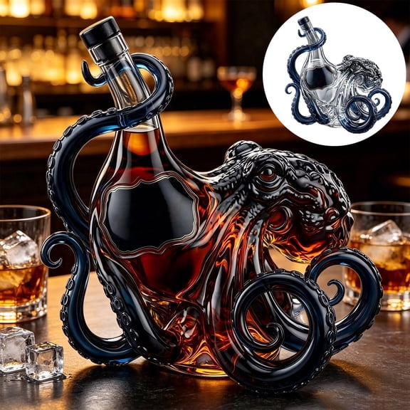 Artistic Rum Glass 3D Octopus Bottle with Dark Tentacles, Octopuses Whiskey Commemorative Glass, Creative Octopus Shaped Glass Decanter 3D for Home Bar Wine Storage & Decor