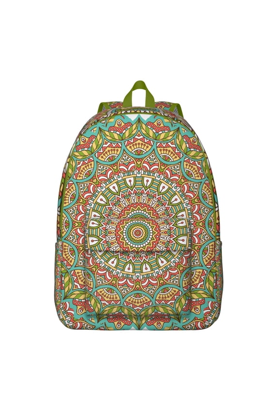 Artistic Sacred Symbolic Mandala Backpack for Women, Vintage Boho Canvas Daypack with Geometric Ethnic Tribal Print for School