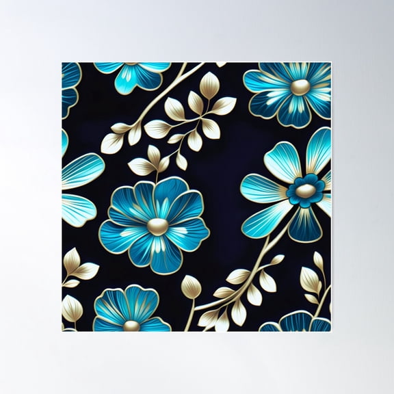 Artistic Seamless Floral Print In Timeless Indigo And Teal Shades Poster Wall Art, Modern Wall Decor For Living Room Bedroom, 17x17 UNFRAMED