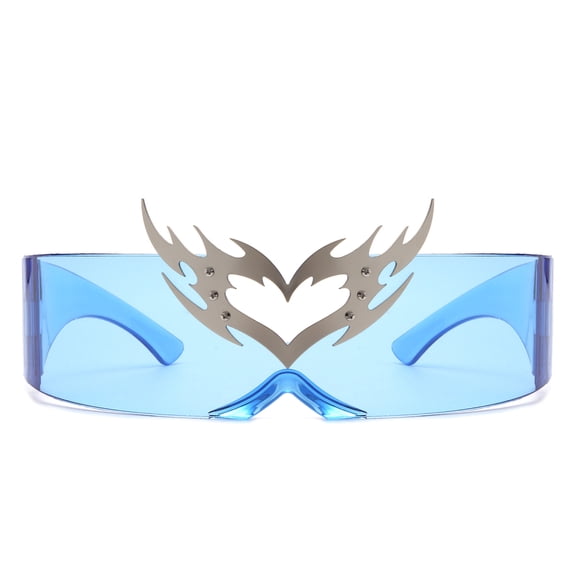 Artistic Shield Sunglasses, Blue Frame with Metal Heart-Angel Accent & Blue Lenses