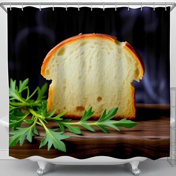 Artistic Shower Curtain Featuring a Realistic Sliced Bread Design with Herbs on Dark Wood - Perfect for Kitchen or Bakery Decor
