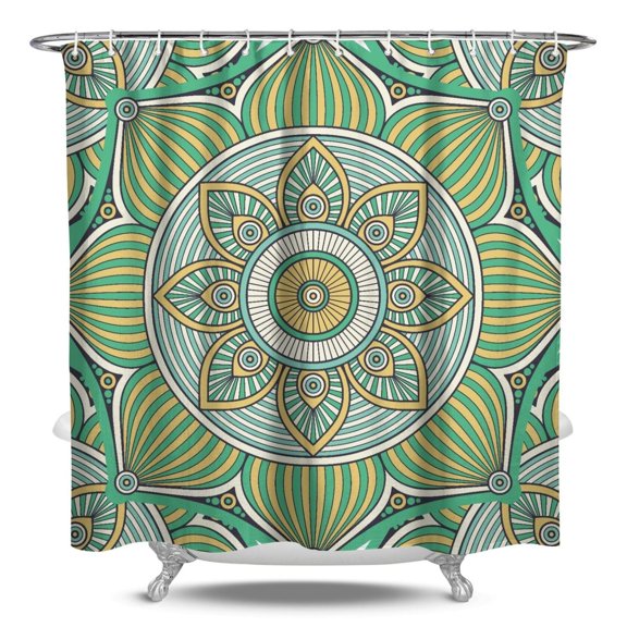 Artistic Spiritual Mandala Bathroom Curtain, Symmetrical Floral Paisley Design, 84x72 Inch Machine Washable Polyester with Hooks