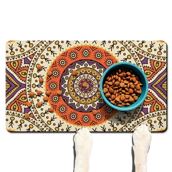 Artistic Spiritual Mandala Pet Mat - Non-Slip Dog Food Tray with Vintage Folk Art, Quick-Dry Foam & Anti-Skid Bottom
