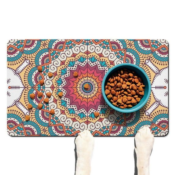 Artistic Spiritual Mandala Pet Mat - Non-Slip Dog Food Tray with Vintage Folk Art, Quick-Dry Foam & Anti-Skid Bottom