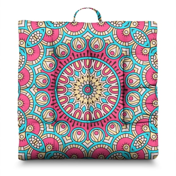 Artistic Spiritual Mandala Sitting Pillow Thick Square Meditation Cushion with Sacred Symbolic Motifs, Multipurpose for Living Room or Balcony