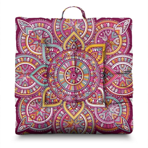 Artistic Spiritual Yoga Pillow Square Floor Cushion with Abstract Ornamental Design, Supportive for Cross-Legged Sitting