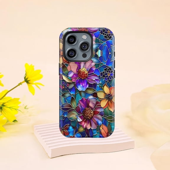 Artistic Stained Glass Floral Phone Case mosaic flower artwork luminous colors for iPhone 17 16 15 14 13 12 11 Pro Max
