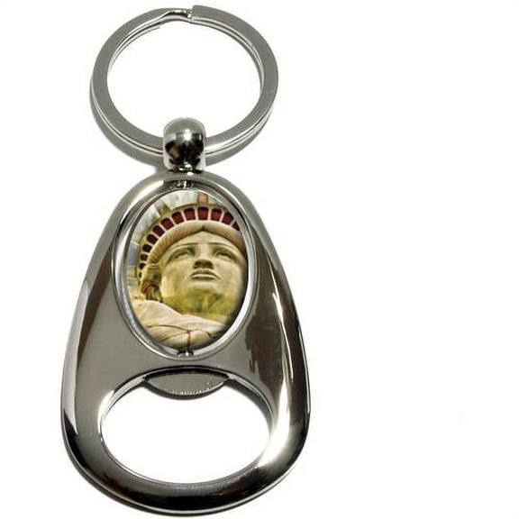 Artistic Statue of Liberty, New York Ellis Island, Chrome Plated Metal Spinning Oval Design Bottle Opener Keychain Key Ring