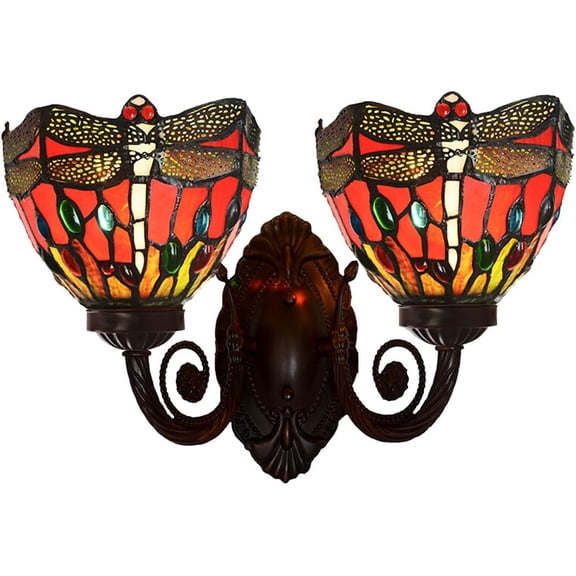 Artistic Style Dragonfly Wall Sconce, Vintage Beside Reading Wall Lamp, American Stained Glass Shade Wall Light Fixture for Hallway Living Room Bedroom Bathroom,E27 Bulb, 110-240V,Red,2lights