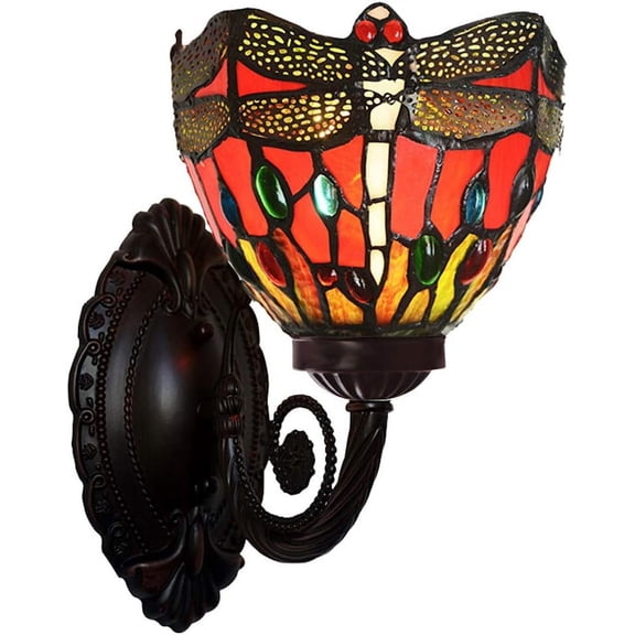 Artistic Style Dragonfly Wall Sconce, Vintage Beside Reading Wall Lamp, American Stained Glass Shade Wall Light Fixture for Hallway Living Room Bedroom Bathroom,E27 Bulb, 110-240V,Red,2lights