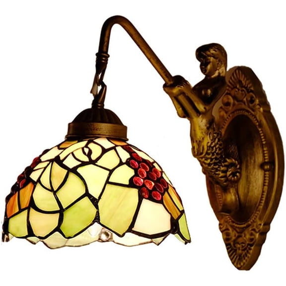 Artistic Style Grape Wall Lamp Wall Mounted, Stained Glass Hallway Wall Light with 8 inch Shade, Retro Metal Wall Sconces for Living Room Bedroom Beside Decor Night Light,B