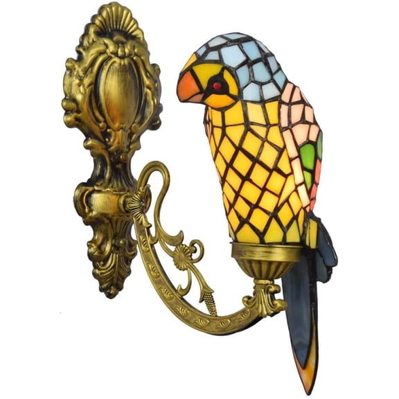 Artistic Style Parrot Wall Sconce Stained Glass Wall Lamp Vintage Antique Crystal Pendant Decorative Wall Lighting Fixture for Hallway Beside Living Room Bedroom,C