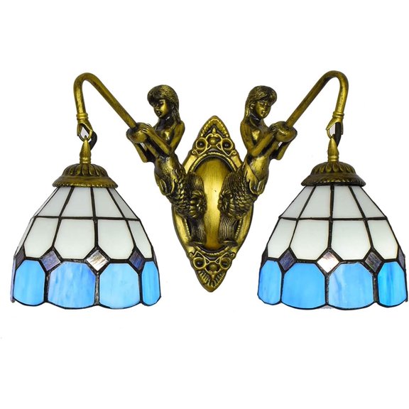 Artistic Style Stained Glass Wall Sconce for Living Room Bedroom Vintage Antique Wall Lighting Fixture 2 Lights Wall Lamp with 6 inch Shade Decorative for Hallway Beside,4