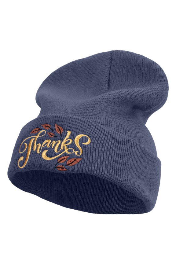 Artistic Style Thanksgiving with Leaves Embroidered 12 Inch Long Knitted Beanie - Navy OSFM