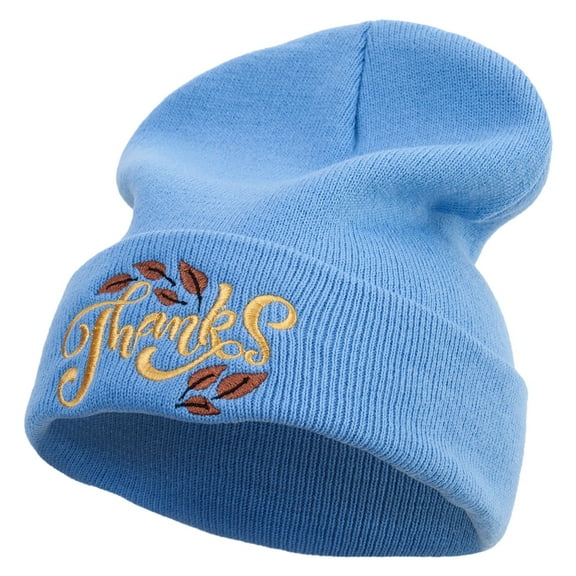 Artistic Style Thanksgiving with Leaves Embroidered 12 Inch Long Knitted Beanie - Sky Blue OSFM