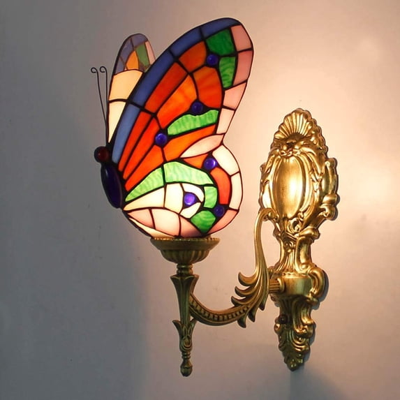 Artistic Style Wall Light, Butterfly Wall Sconce, Vintage Antique Stained Glass Decorative Wall Lighting Fixture for Living Room Bedroom Hallway Beside Lamp,1
