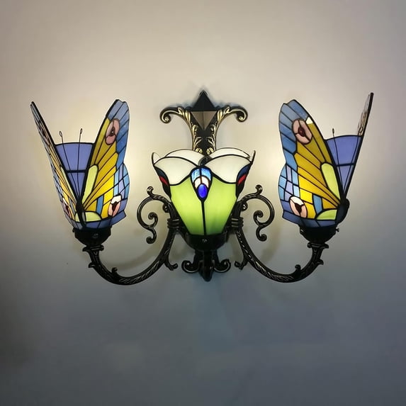 Artistic Style Wall Sconce, Handmade Stained Glass Wall Lamp, E27 Bulb, Victorian Style Butterfly Decorative Bedside Wall Light for Living Room Bedroom Bathroom Hallway Reading,25