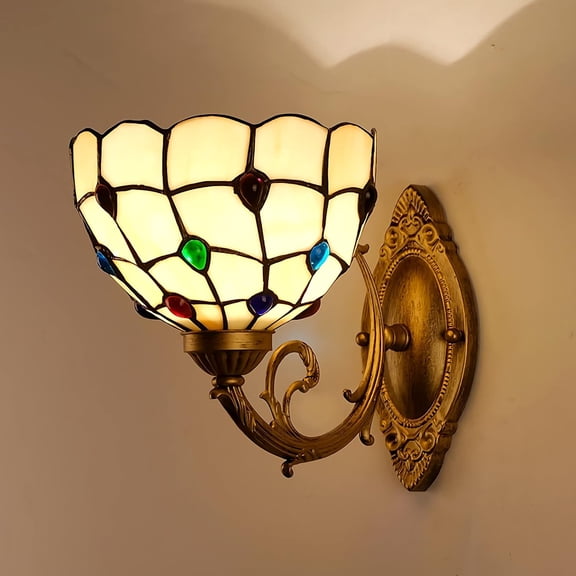 Artistic Style Wall Sconces, 20cm Stained Glass Shade Wall Lamp, Metal Base, Victorian Decorative Wall Light Fixtures for Living Room Hallway Bedroom Farmhouse Bedside Lamp,C