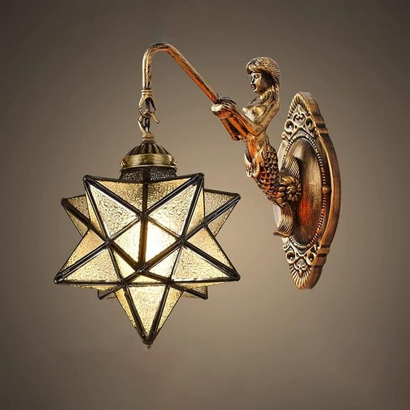 Artistic Style Wall Sconces, 20cm Star Shade Wall Lamp, Vintage Stained Glass Wall Light Fixtures for Living Room Hallway Bedroom Farmhouse Bedside Lamp,Pink
