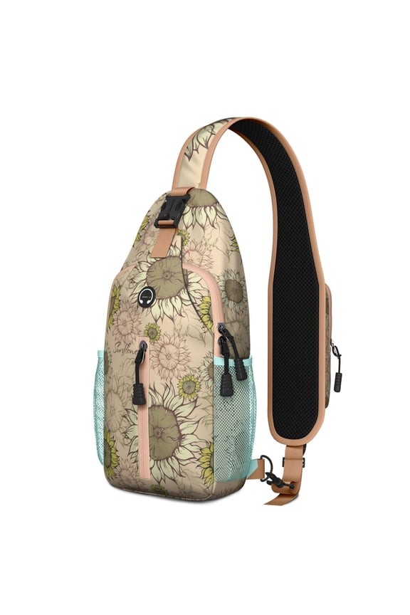 Artistic Sunflower and Wildflower Sling Backpack – Breathable Back, Adjustable Strap – Vintage Golden Floral and Bee Design