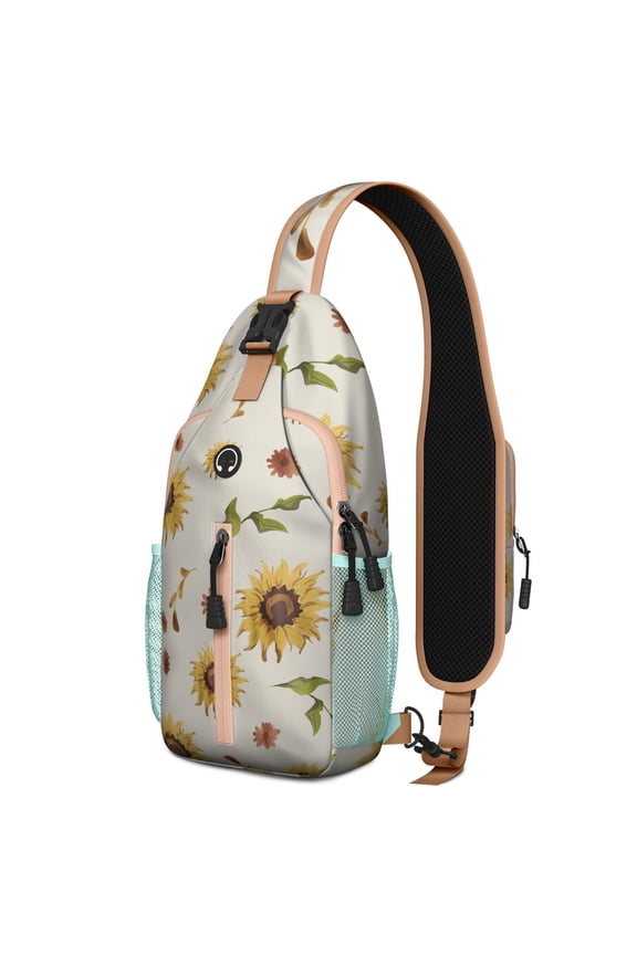 Artistic Sunflower and Wildflower Sling Backpack – Breathable Padding, Adjustable Strap – Boho Yellow and Rustic Floral Pattern
