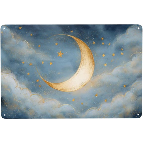 Artistic Tinplate Poster Plaque With Dreamy Night Sky Illustration, Luminous Moon and Hand-Painted Stars, 8 x 12 Inch Metal Wall Art for Living Room or Studio