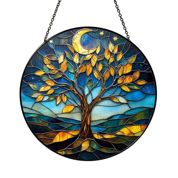 Artistic Tree Landscape Stained Glass Style Panel – Window Decor