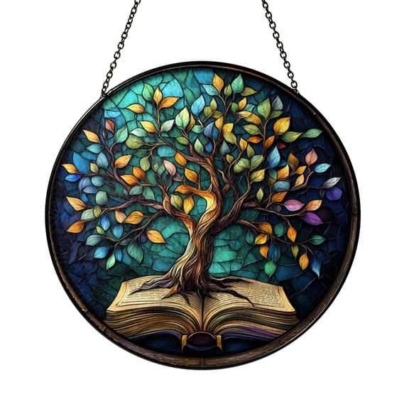 Artistic Tree Window Art – Colorful Leaves Stained Glass Look