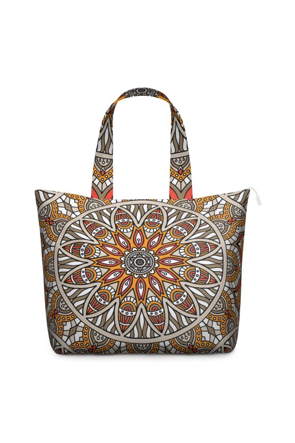 Artistic Tribal Mandala Shoulder Tote - Spacious Design with Interior Pockets, Perfect for Moms & Travelers