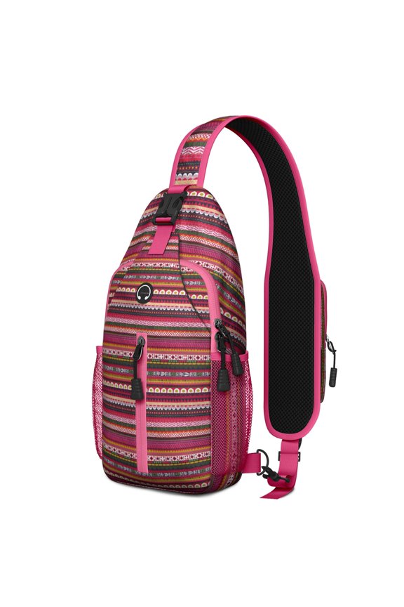 Artistic Tribal Style Sling Backpack with Geometric Ink Patterns and Adjustable Shoulder Strap