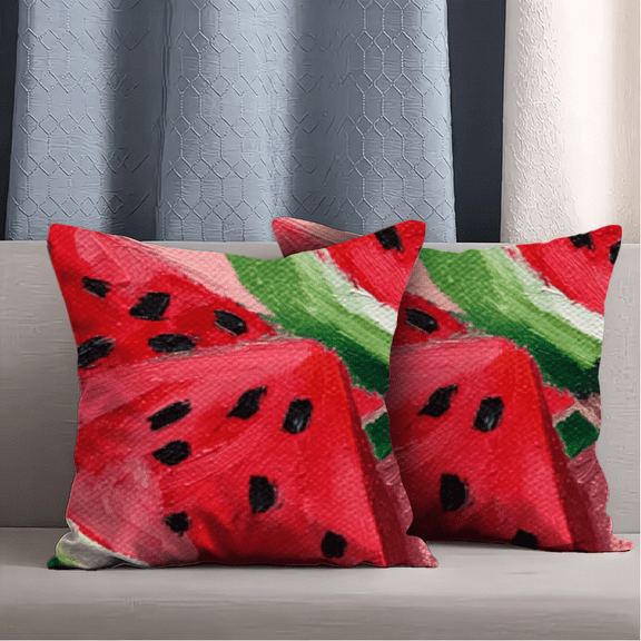Artistic Vintage Watermelon Slice Short Plush Pillow, Colorful Summer Theme Decorative Throw Cushion, Kitchen Bedroom Home Decor, Soft Pillow, 2pcs Set