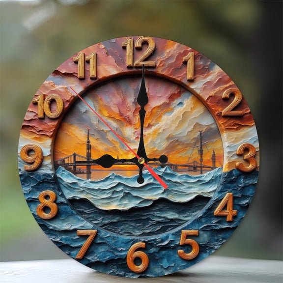 Artistic Wall Clock Ocean Sunset Bridge Design 10-Inch Silent Wooden Wall Clock, Battery Operated (AA Batteries Not Included), Artistic Home Decor